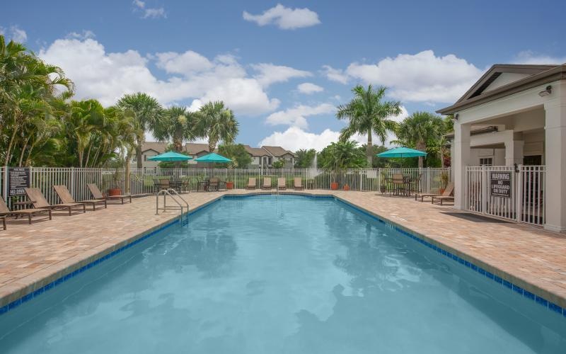 a swimming pool with umbrellas